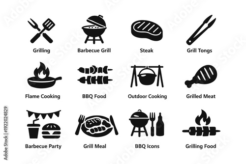 Grilling tools and bbq icons set: grill, barbecue, steak, outdoor cooking, flame cooking