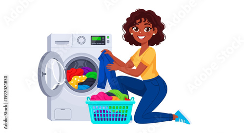 Woman kneeling beside a washing machine, loading colorful laundry into it, domestic scene from a slightly elevated viewpoint