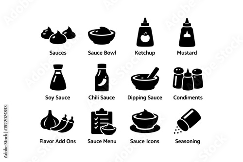 Variety of sauce icons: ketchup, mustard, soy, chili, dipping, condiments, seasoning