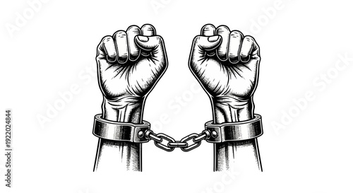 Illustration of chained fists breaking free in black and white