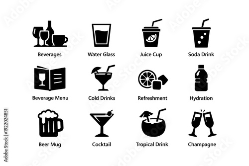 Icon set: beverage glasses, drinks, and refreshments variety