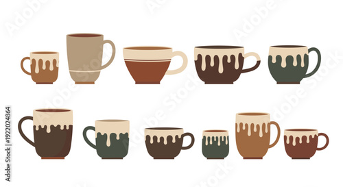 A collection of ceramic mugs and cups in various sizes and colors, with a distinct cream-colored drip glaze design, on white.
