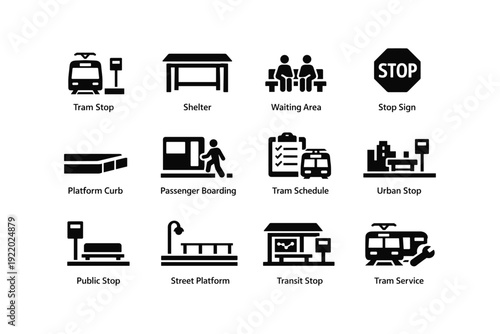 Public transportation icons: tram stop, shelter, schedule, urban service, signage