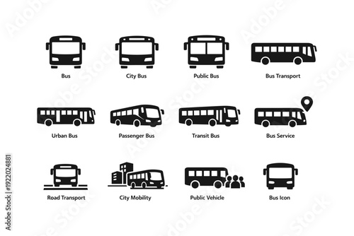 Urban and city bus icons: public transport silhouettes for mobility and transit