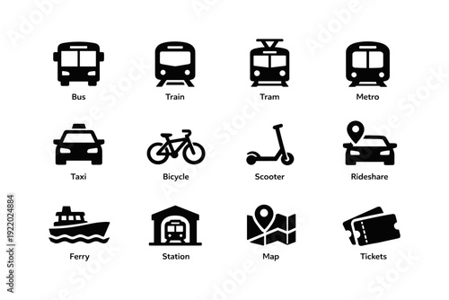 Transportation icons: bus, train, tram, metro, taxi, bicycle, scooter, rideshare, ferry