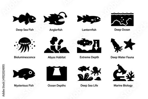 Deep sea creatures and exploration icons: fish, ocean depths, marine biology