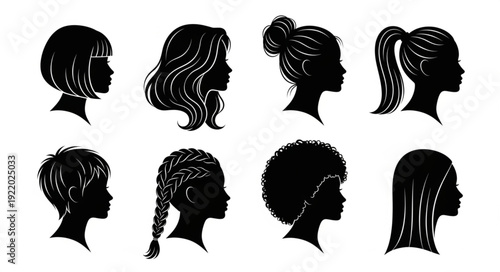 Silhouettes of women with various hairstyles, showcasing different hair textures and lengths.