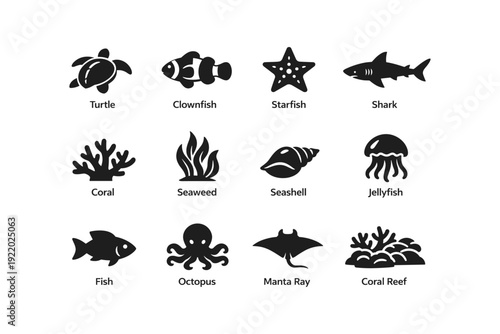 Marine life icons set: turtle, clownfish, starfish, shark, coral, seaweed, seashell, jellyfish