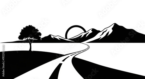 Scenic black and white illustration of a road leading towards mountains and a setting sun.
