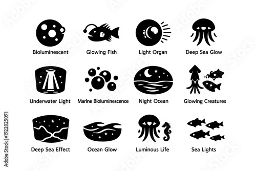 Marine bioluminescence icon set featuring glowing fish and ocean creatures