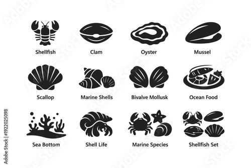 Collection of shellfish and marine life icons featuring clam, oyster, mussel, scallop, and ocean food