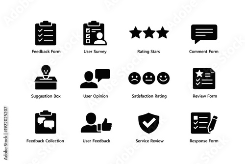 Icon set: feedback forms, surveys, ratings, and user opinions
