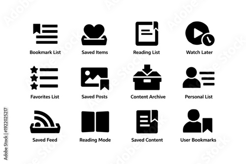 Collection of simple black icons for bookmarking and saving content