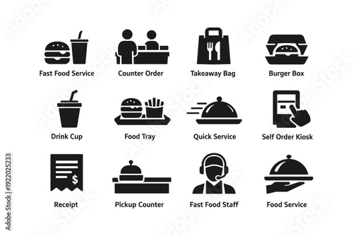 Fast food icons: service, order, tray, kiosk, bag, drink, burger, receipt, counter, staff