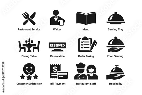 Restaurant service icons: menu, waiter, reservation, dining, hospitality, order taking