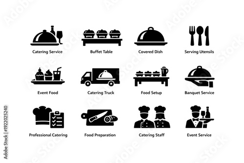 Catering service icons: buffet, food preparation, event setup, professional chefs