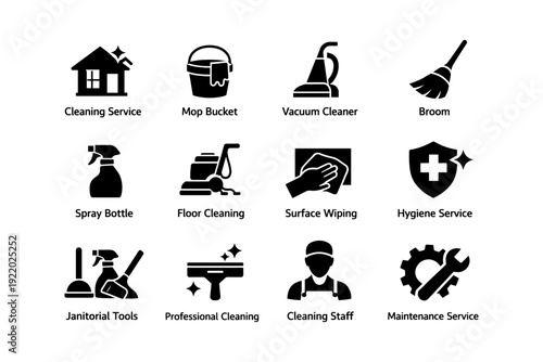 Home cleaning icons set: mop, vacuum, broom, spray bottle, cleaning staff