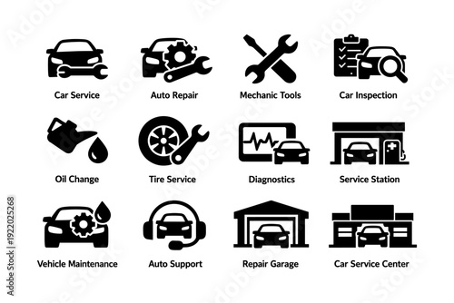 Car maintenance icons: repair, service, tools, inspection, diagnostics
