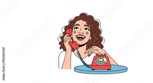 A joyful woman with curly brown hair happily talking on a vibrant red vintage rotary telephone with a pleased expression.