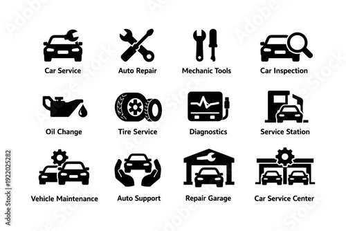 Car service icons: maintenance, repair, inspection, and tools overview