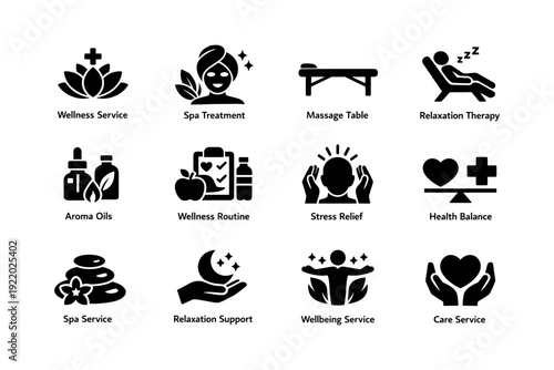 Wellness and spa services icons: relaxation, therapy, and health balance symbols
