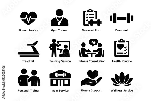 Fitness and wellness icons: exercise, training, consultation, support services