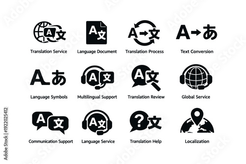 Translation and language services icons: multilingual support and global communication