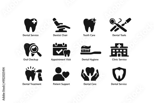 Dental care icons: tooth, tools, chair, clinic, hygiene, appointment, treatment