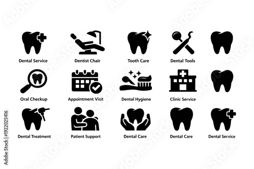 Dental care icons: services, tools, appointments, hygiene, patient support
