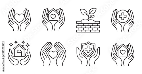 Outline hands icon set featuring heart house plant and cross for care protection and community assistance