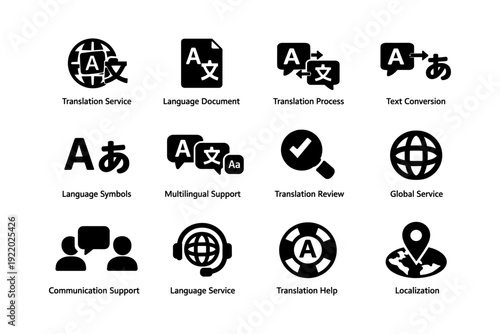 Translation and language service icons for multilingual support and localization