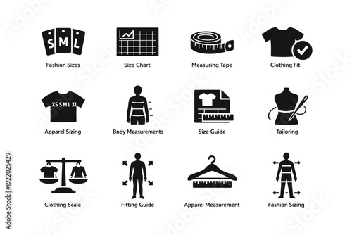 Apparel sizing icons: fashion sizes, charts, measurements, tailoring, fitting guides