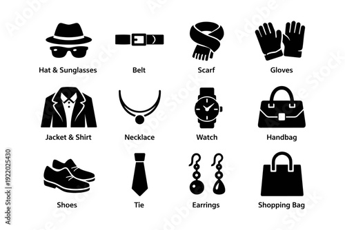 Collection of fashion icon silhouettes featuring accessories and clothing elements