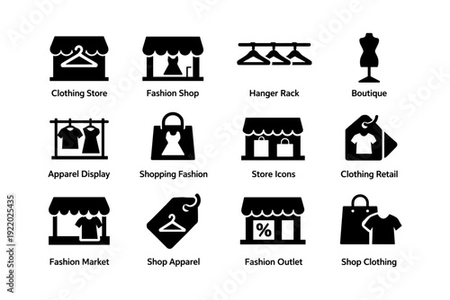 Fashion icons collection featuring clothing store, boutique, and shopping elements