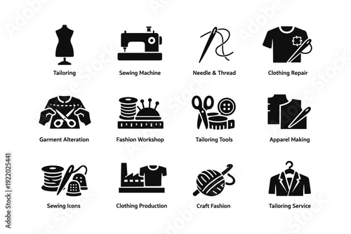 Tailoring and sewing icons collection: tools for apparel making and garment alteration