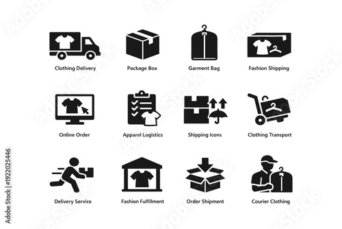 Clothing delivery and shipping icons set for fashion logistics and online ordering