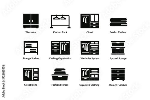 Minimalist wardrobe and clothing storage icons set
