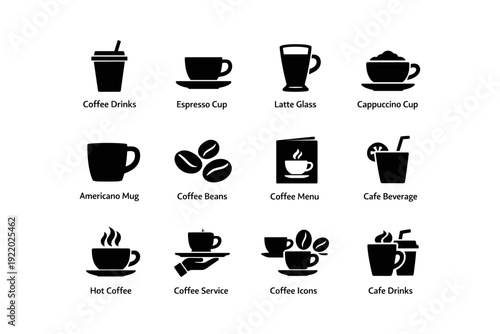 Variety of coffee icons featuring cups, beans, and beverages