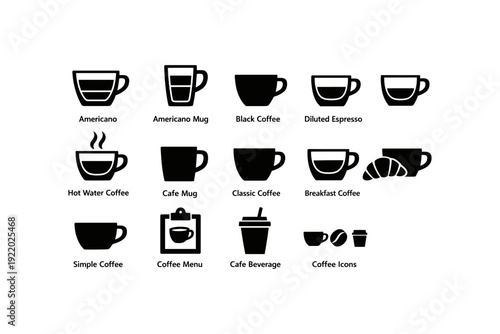 Coffee icon set featuring cups and mugs for different beverages