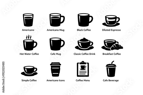 Diverse coffee icons set featuring mugs and cups with espresso and breakfast options