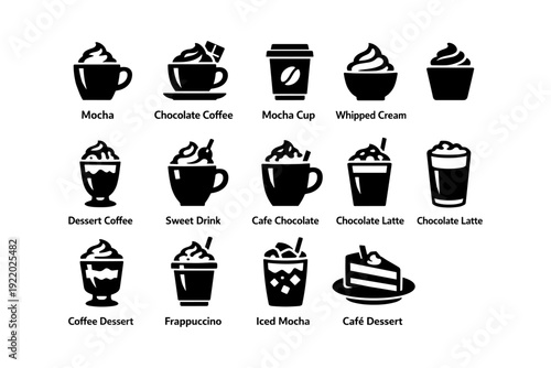 Mocha icons collection: coffee, cup, whipped cream, dessert, chocolate