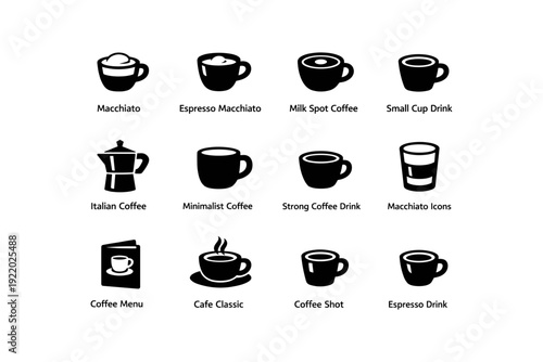 Set of coffee icons featuring macchiato, espresso, and italian styles