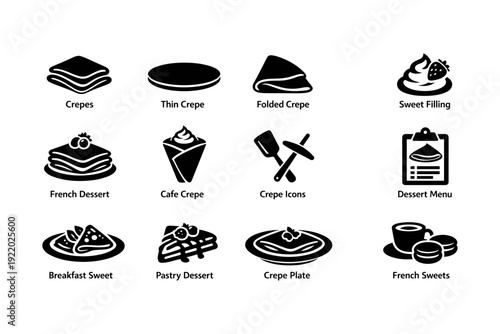 Crepe icons set featuring folded crepes sweet fillings and cafe desserts
