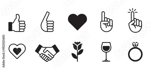 Set of ten black and white icons representing social media interactions and romantic gestures