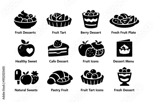 Assorted fruit dessert icons: tart, berry, sweet treats, and pastry