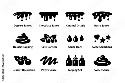 Dessert sauce icons and toppings set