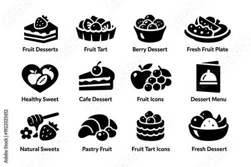 Assorted fruit desserts icons collection with tarts and sweets