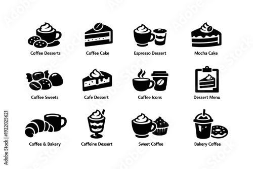 Coffee desserts and bakery icons set: cake, espresso, mocha, sweets, caffeine