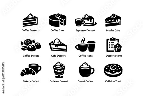 Black and white coffee desserts icons collection with cakes and beverages