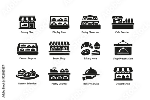 Bakery and cafe icon set: display cases, pastry showcases, dessert counters